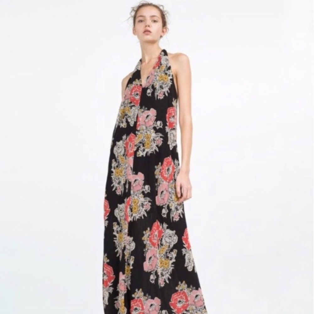 Zara Black and Pink Floral Maxi Dress